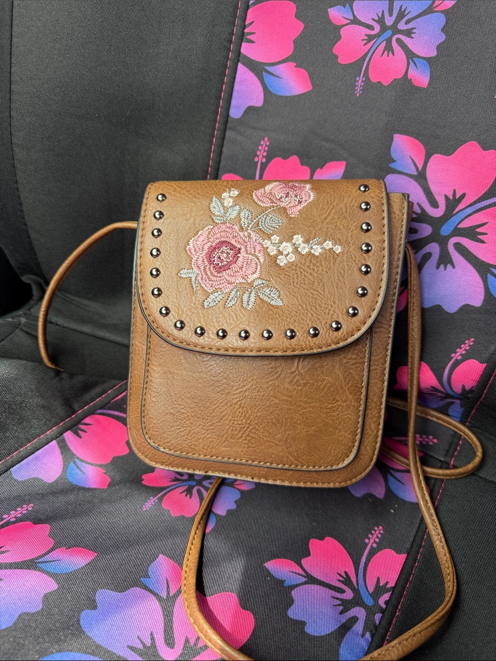 Embroidered Floral Brown Crossbody Shoulder Bag